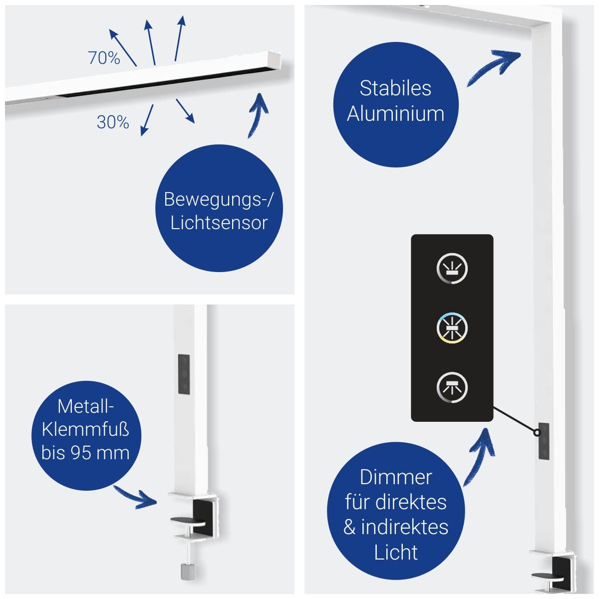 MAUL LED Schreibtischlampe MAULsirius weiß dimmbar mit Klemmfuß 120 cm | stufenlos anpassbares Licht, blendarmes Arbeiten, direkte und indirekte Abstrahlung, platzsparende Tischklemme, Sensorik