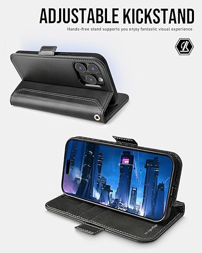 Miniatura 4 de OCASE Funda compatible con iPhone 15 Pro Max, funda tipo cartera de piel sintética con tarjeteros, bloqueo RFID, soporte a prueba de golpes, funda