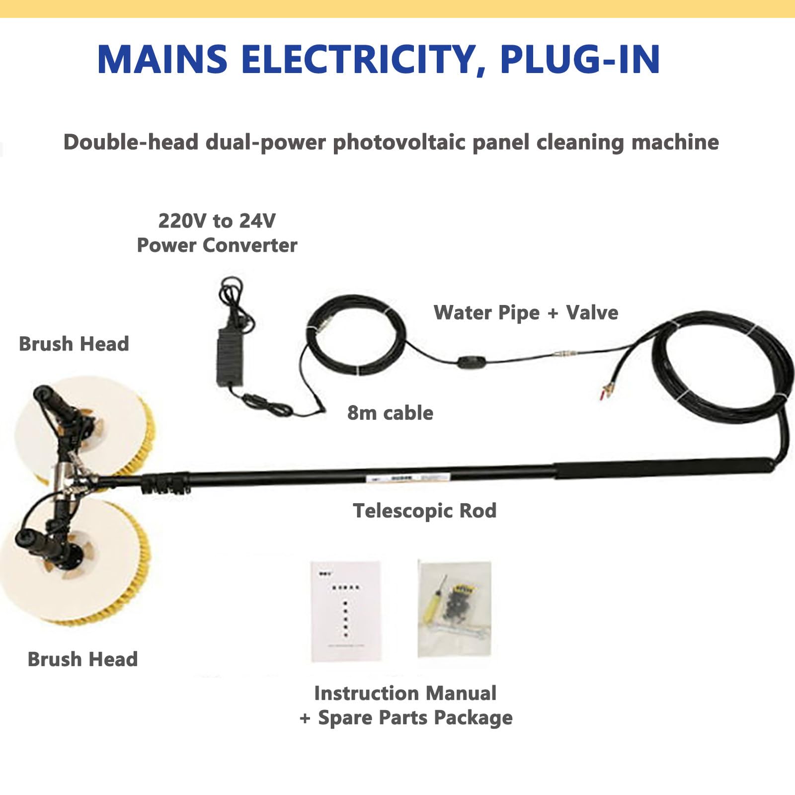 Kit de Limpieza de Paneles Solares EléCtricos con PéRtiga Alimentada Por Agua, 2 Cepillos Redondos, y Cable de 7,5 M, Cepillo para Equipos de Limpieza de Paneles Fotovoltaicos ,7.5m-Plug-intype