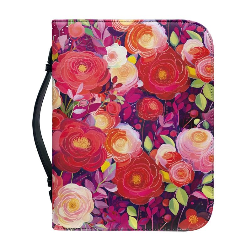 Kuiaobaty Bright Color Flowers PU Leather Bible Cover Bag with Pockets, Spring Floral Book Sleeve Case Zipper for Bible Book 4 Size