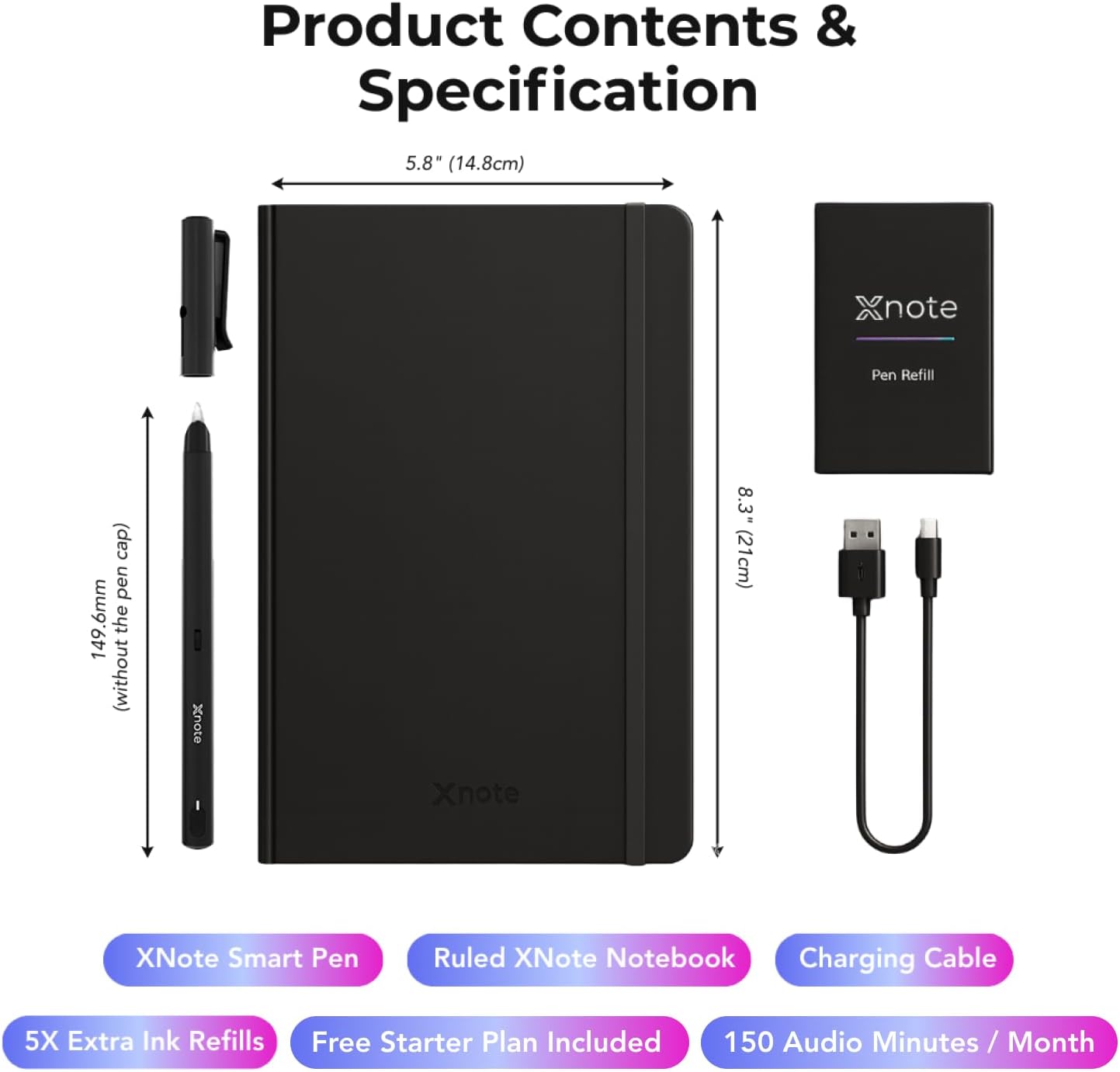 XNote Smart Pen & Notebook Starter Set – AI-Powered Digital Note Taking, Real Paper Writing Syncs to App, Bluetooth Smart Notebook, 17-Hr Battery, Official Bundle with 5 Ink Refills