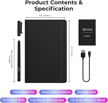 XNote Smart Pen & Notebook Starter Set AI-Powered Digital Note Taking, Real Paper Writing Syncs to App, Bluetooth Smart Notebook, 17-Hr Battery, Official Bundle with 5 Ink Refills