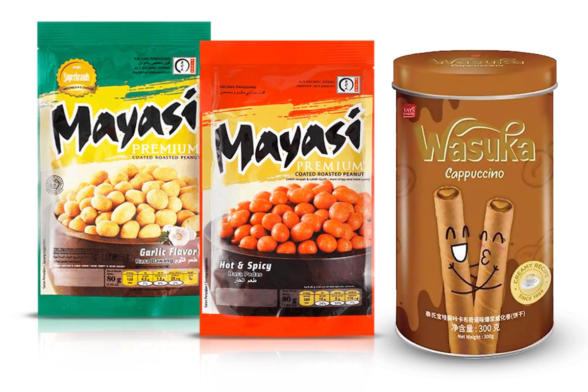 SnackCOMBO DEAL!!! Wasuka Wafer Rolls Cappuccino Flavor, Mayasi Premium Coated Roasted Peanut, Oven Snack (Chili Flavor) - 80g, Mayasi Premium Coated Roasted Peanut, Oven Snack (Garlic Flavor) - 80g Premium Snack with 100% Natural ingredient and satisfaction healthy Food - 10.58oz