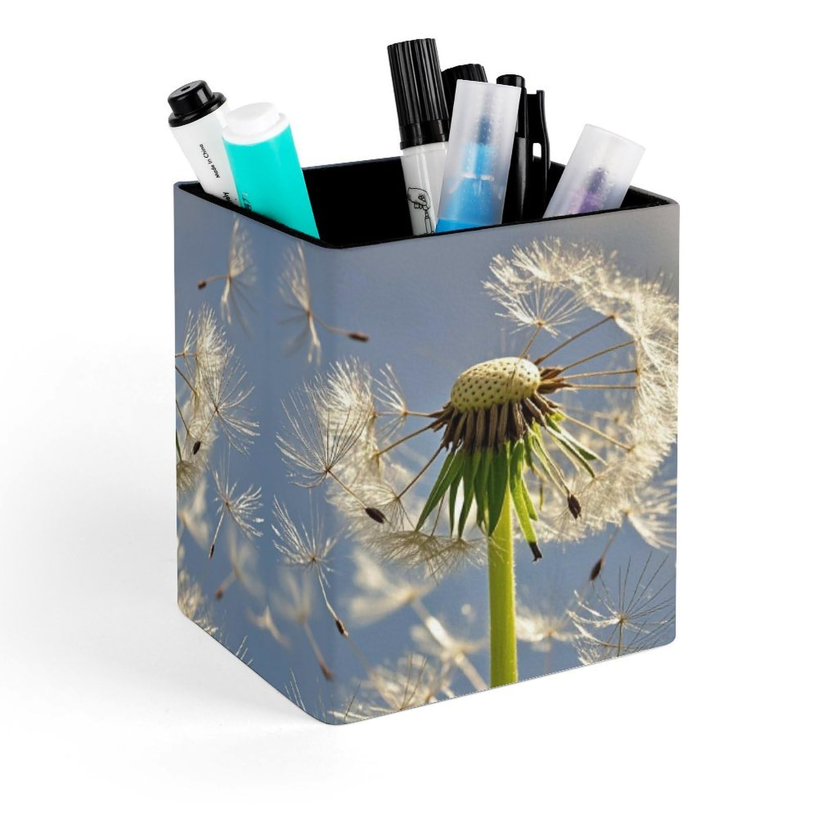 FekiLoot Dandelion Pencil Holder Square Leather Pen Holder Cup Modern Multi-Functional Pencil Cup Holder Decorative Desk Organizer Caddy Makeup Brush Holders for Desk Office
