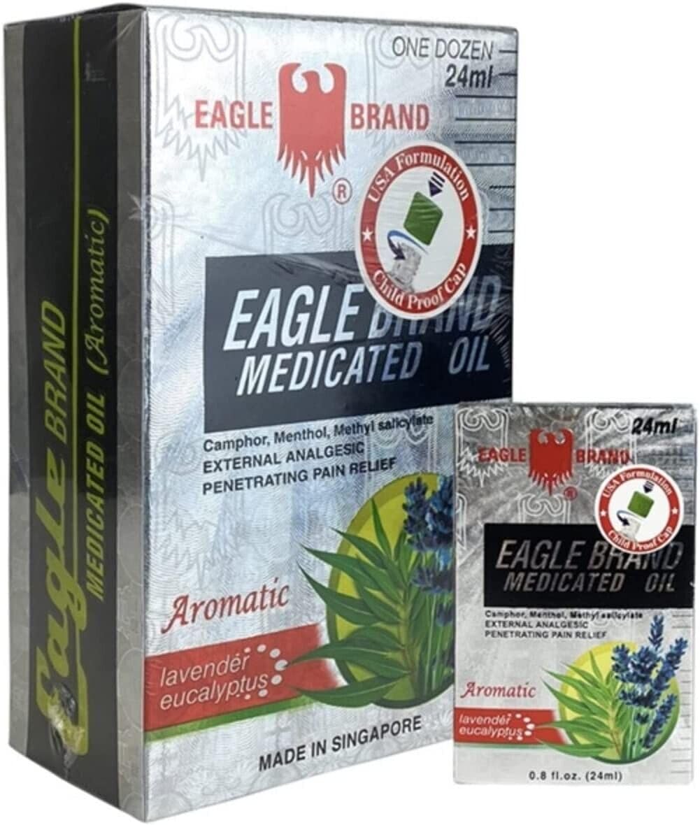 Case Set - White Dozen Eagle Essentail Medicated Oil - Muoi Hai Chai Dau Con O Trang - 24mL per Bottle with 12 Bottles per Order - Made in Singapore