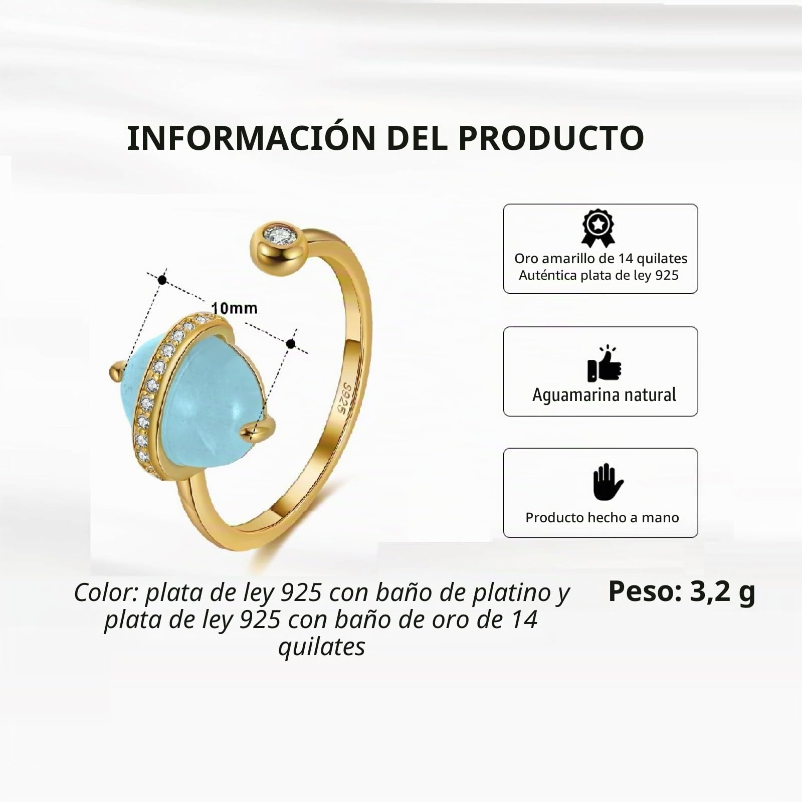 Anillo Promesa Mujer Plata de Ley 925 Anillo Fino Ajustable de Compromiso con Aguamarina Regalo Cumpleaños