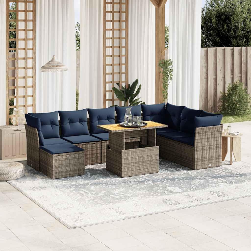 Juego de sofás de jardín de ratán sintético de 9 piezas, con mesa ajustable en altura de madera de acacia, conjunto de asientos modulares para patio y jardín, incluye cojines, color gris