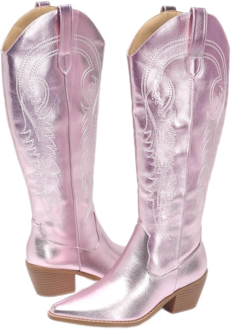Amoji Women Western Cowboy Boots Pointed Toe Cowgirl Knee High Boots Pull On With Zipper 307