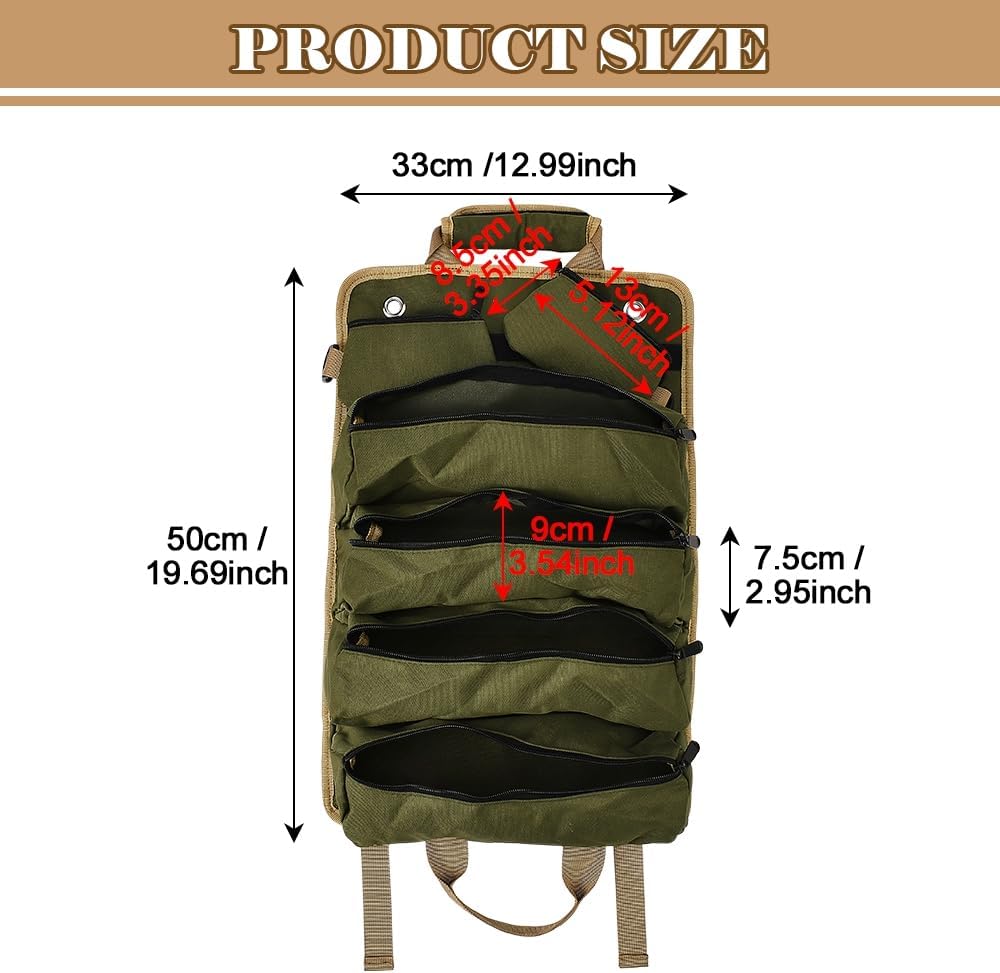 XhuangTech Roll Up Tool Bag Organizer with Zipper w/2 Detachable Pouches Oxford Carry Adjustable Strap/Rustproof/Quick Buckles