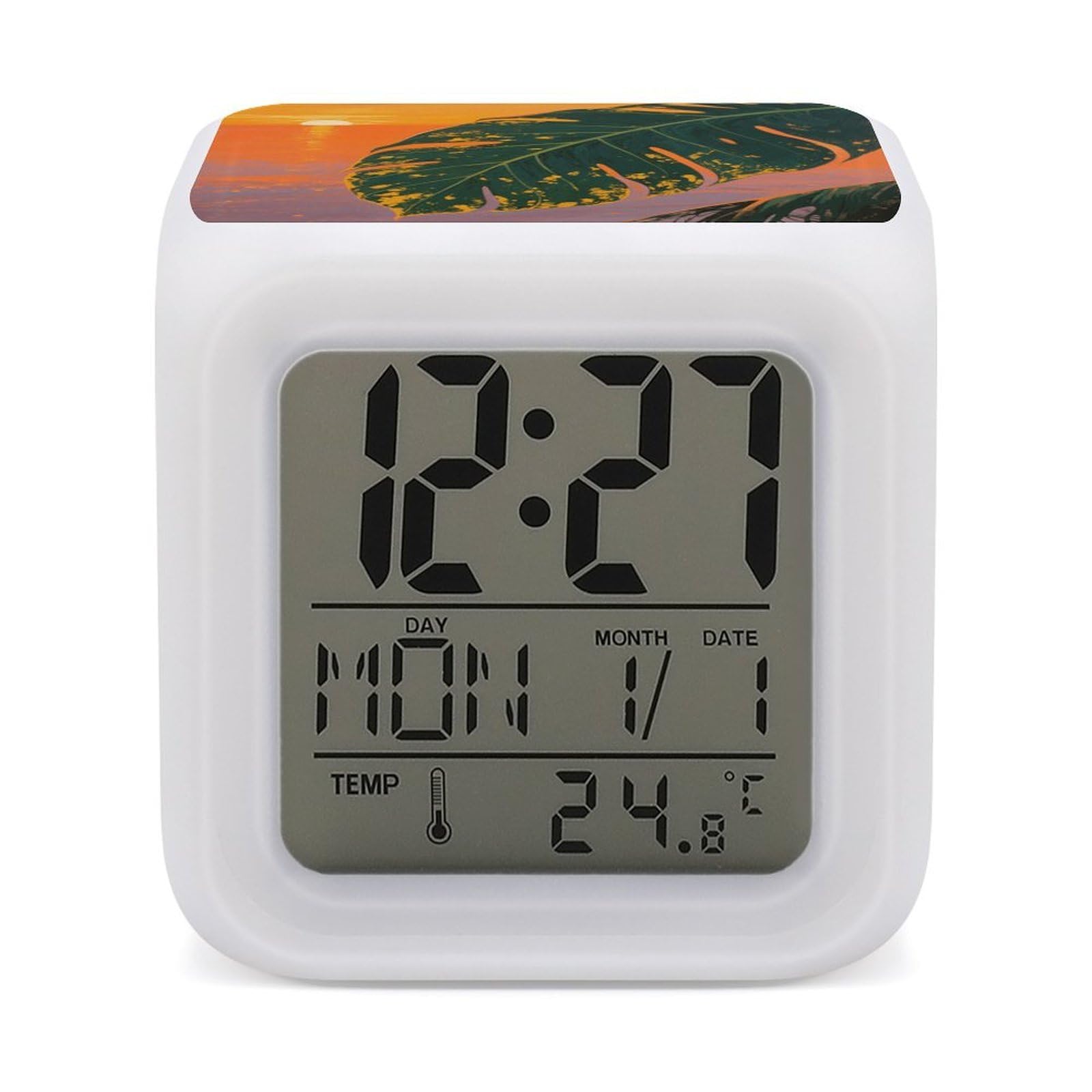 Reloj digital moderno con hojas tropicales para decorar y ambientar tu mesita