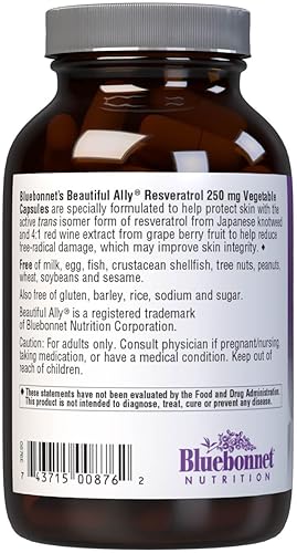 Miniatura 3 de Bluebonnet Nutrition Beautiful Ally Resveratrol 250 mg, mejor para la piel, antioxidante, nutriente de belleza, vegano, vegetariano, sin OMG, sin