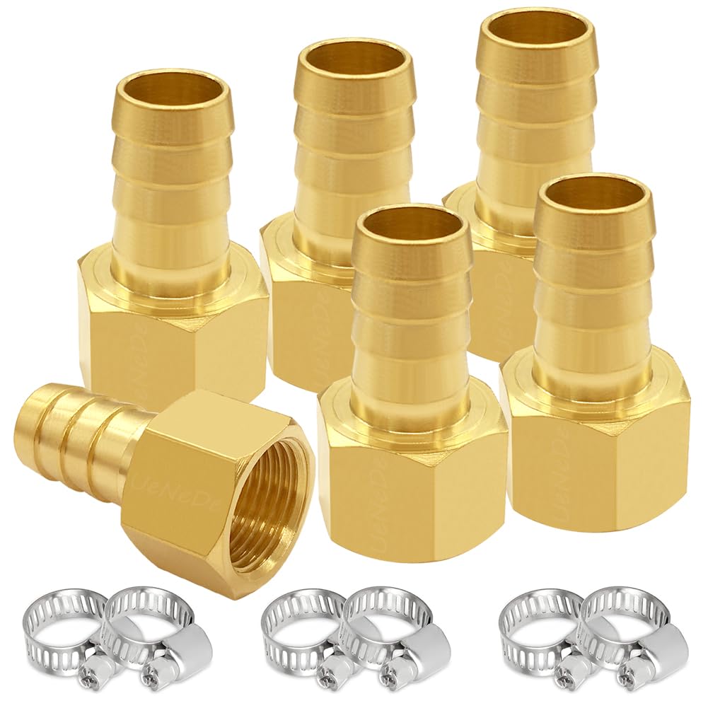 Uenede 6PCS Brass Hose Barb Fittings 3/8" NPT Female to 3/8" Barb Adapter Connector Include 6 Stainless Steel Clamps for Water/Oil/Gas