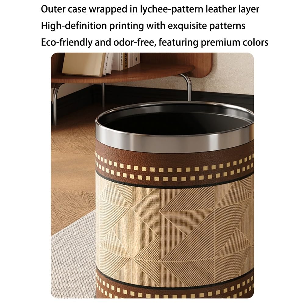 Leather Trash Can, Decorative Metal Wastebasket, Double-Layer Leather Round Garbage Bin, Compact Wastebasket for Home, Hotel, and Office Use(10L)