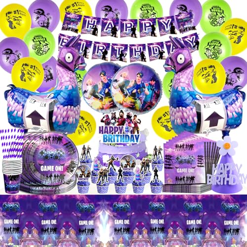 Fortni Lot de 100 décorations d'anniversaire Fortnit - Jeu vidéo - Ballons de fête - Serviettes en papier - Nappe