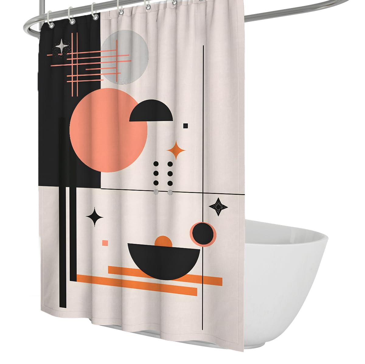 UIRINGART Retro Shower Curtains W180xL200cm Abstract Geometric Circle Grid Four Point Star Dot Orange Black Print Mildew Mould Resistant Fabric Bathroom Curtain