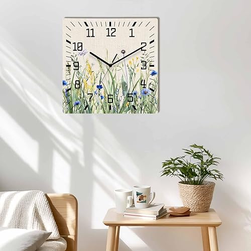 Miniatura 3 de Reloj de pared de madera con flores botánicas, silencioso, sin tictac, acuarela, flores, hierbas, granja, retro, cuadrado, funciona con pilas, reloj