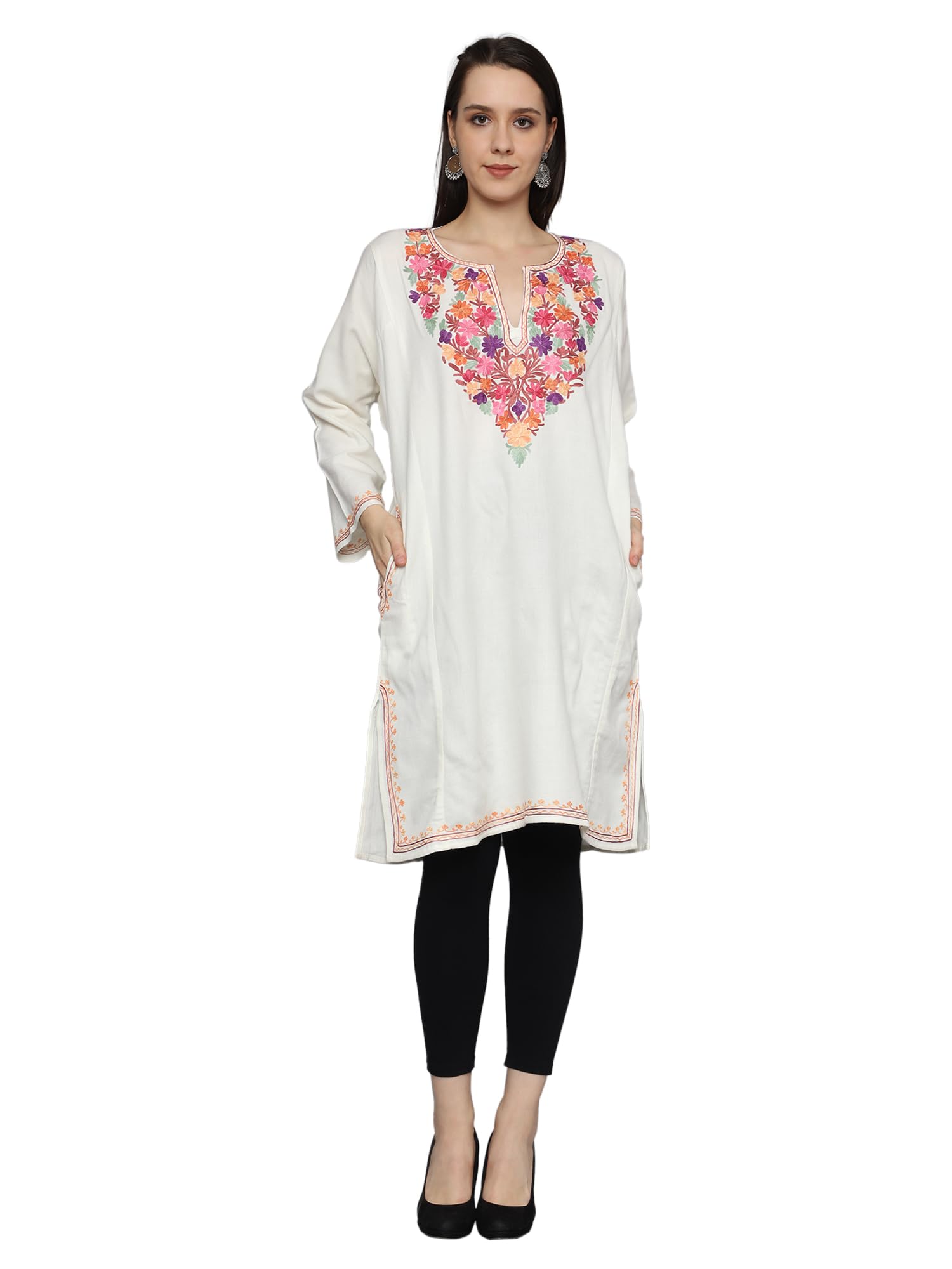 craftbazar Kashmiri Embroidered Cashmilon Phiren Cream-picture-35