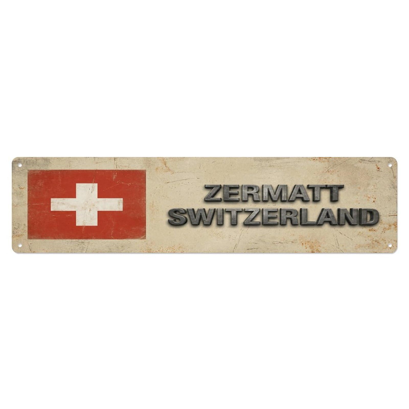 Vintage Zermatt Switzerland Flag Decor Rustic Travel Metal Tin Sign