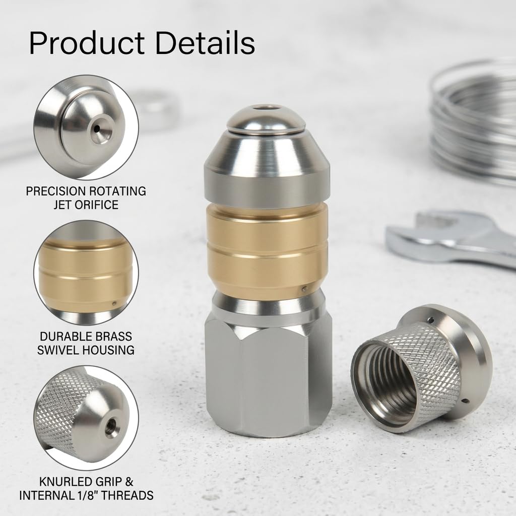 Desatascador Tuberias a Presion de Acero Inoxidable, Kit 2 Boquillas (Rígida y Giratoria) 1/8" para Limpiadora Alta Presion, Solución Eficaz para Desatascar Alcantarillados y Drenajes