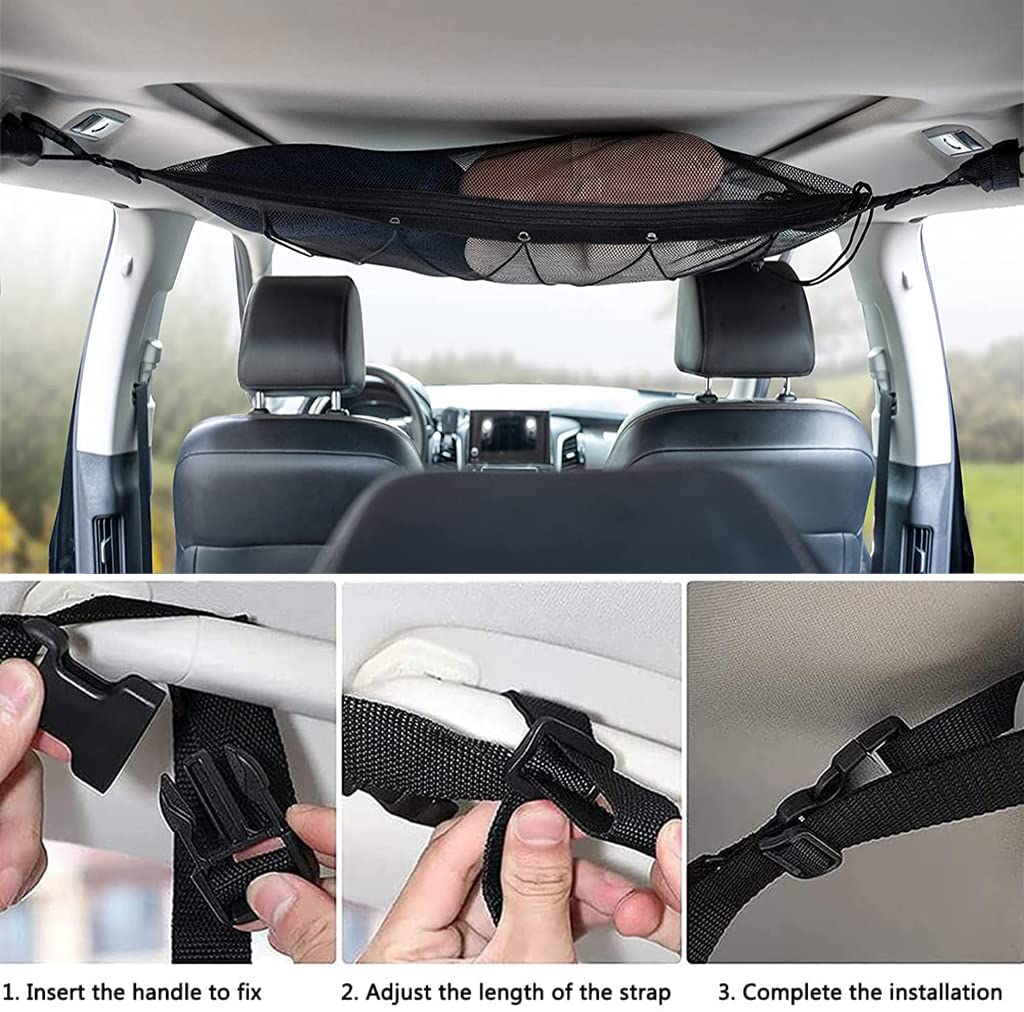 Red Techo Furgoneta Camper,90cmx65cm Organizador Bolsa de Red de Carga con Cremallera, Red Elastica con 2 Ganchos Ajustables, Almacenamiento de Viaje Largo para Jeep Van SUV