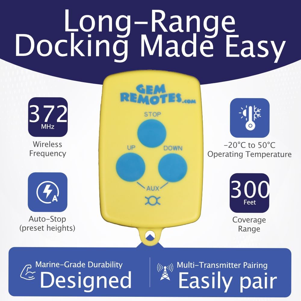Gem Remotes Wireless Boat Lift Control System – Durable, Easy-to-Use, Premium Quality Remote for Dock & Marine Applications (Gem GR2A: Two Motor Lift, Auto Stop)