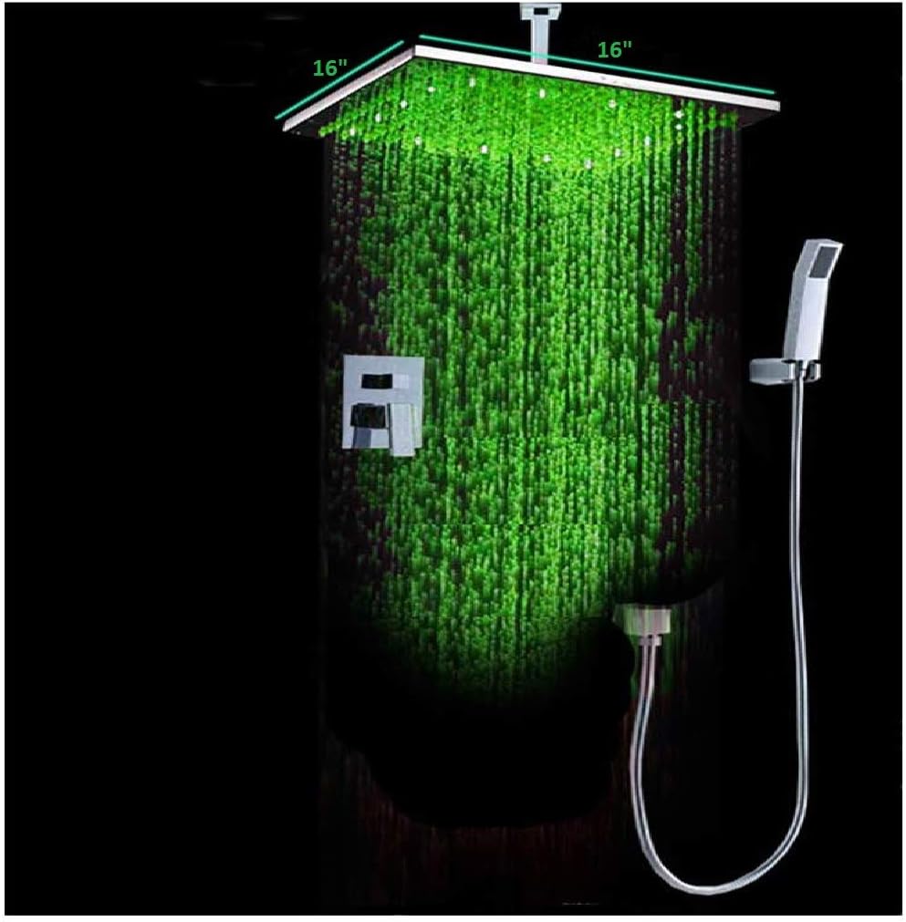 Cascada Luxury Bathroom Shower Set Rainfall LED Shower Head, Double-Function Valve, and Brass Handheld Shower (16", Stainless Steel/Chrome Finish)