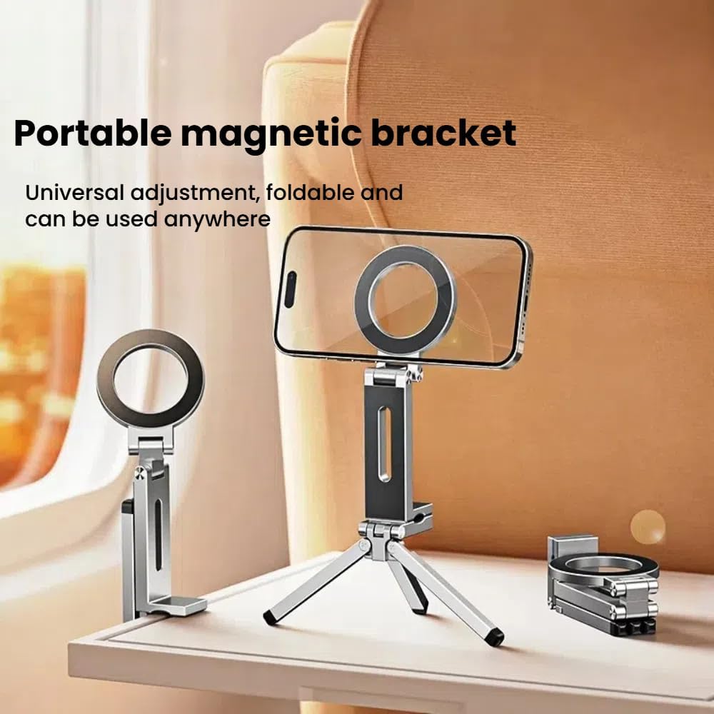 Magnetic Pocket Tripod for MagSafe,Foldable Multifunctional Phone Holder, Desk Stand,Portable Handheld Travel Photography Stand,with Universal Fit with Metal Ring (Silver)
