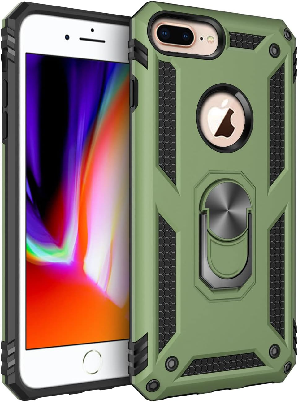 Compatible with iPhone 7 Plus Case/iPhone 8 Plus Case, Extreme Protection Military Armor Dual Layer Protective Cover with 360 Degree Swivel Ring Kickstand Olive Green