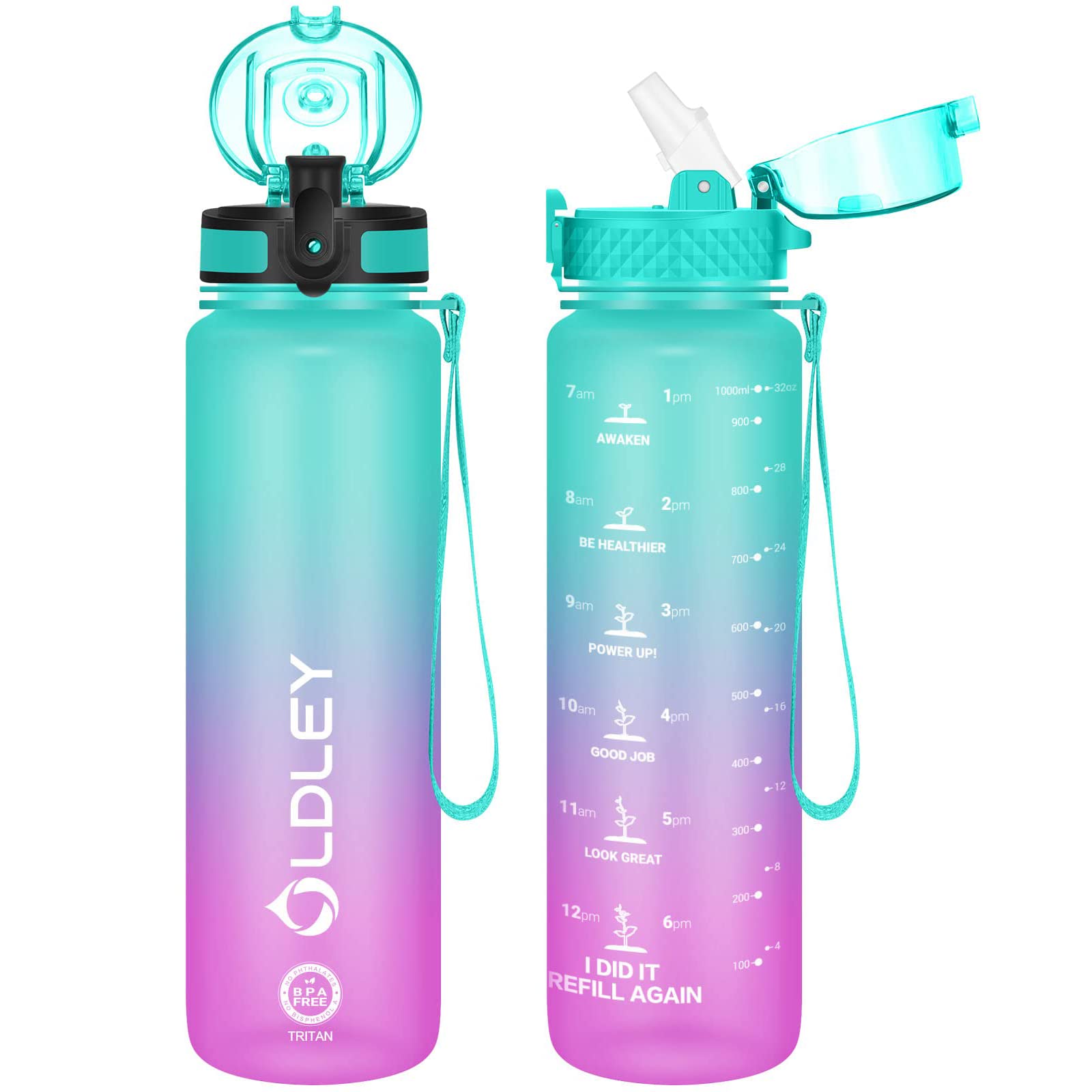 Water Bottle with Times to Drink 32 oz, Water Bottle with Time Marker & Straw with 2 Lids(Straw/Chug)Leak-Proof Tritan BPA-Free,for Fitness,Gym,Camping,Outdoor Sports 1000ml/1L(Green-Purple)