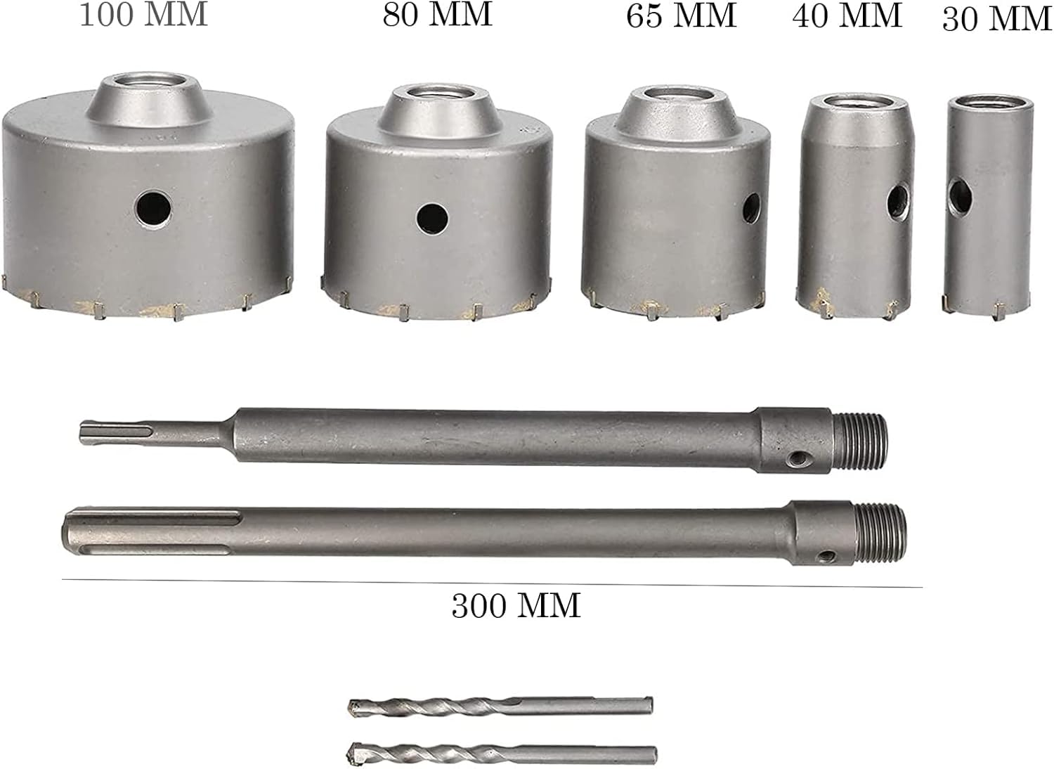Sega a Tazza Carotatrice a Tazza Per Muro 9 Pezzi, Ø30, Ø40, Ø65, Ø80, Ø100 Mm, Con Albero SDS Plus E SDS-Max Carotatrici accessori trapano a tazza 9 pezzi per muro fresa per Cemento e Calcestruzzo