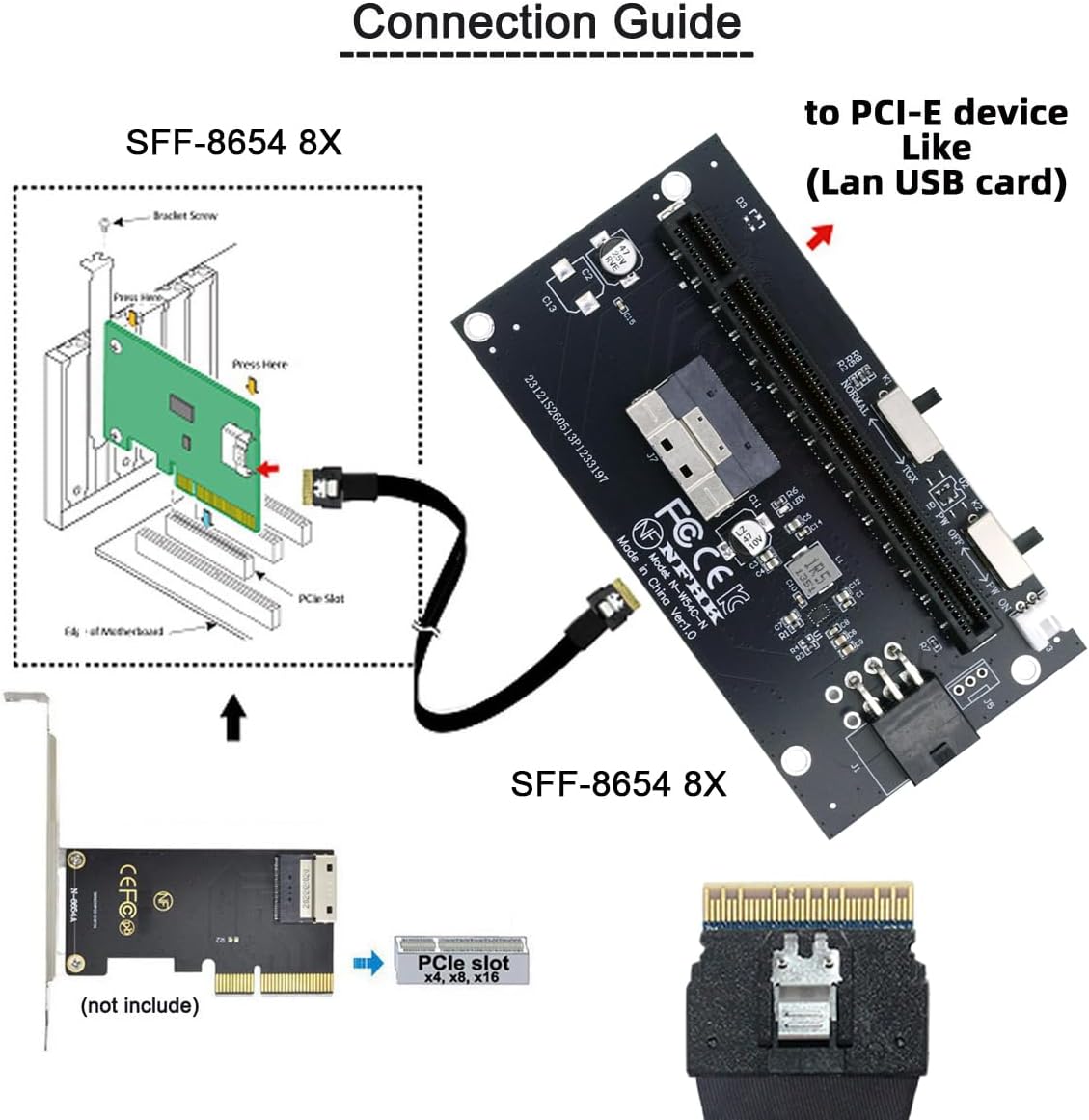 CY Slimline 8X SFF-8654 74Pin to PCIE PCI-Express 16x Adapter TGX with PCI-E 6Pin Power Switch Port