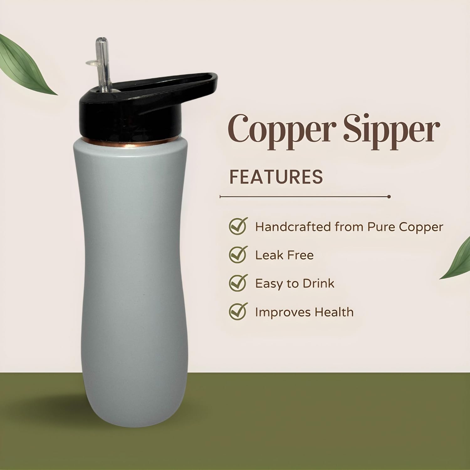 Perilla Home Flasche aus 99,97 % reinem Kupfer zum Trinken, mit Sipper und Deckel, ayurvedische Wasserflasche, Mehrzweckflasche für Fitnessstudio, Reisen, Outdoor, Innenbereich, auslaufsicher, Grau