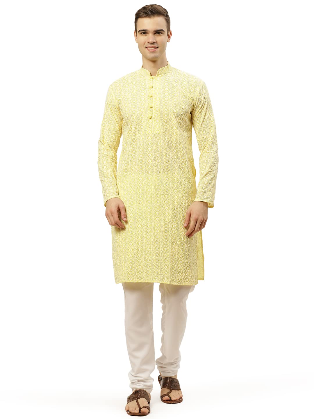 Jompers Men's Yellow & White Embroidered Straight Kurta Pyjama Set. (Yellow, Xxl)
