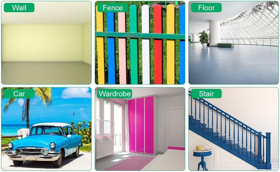 Examples of surfaces suitable for the paint sprayer: walls, fences, floors, cars, wardrobes, and stairs