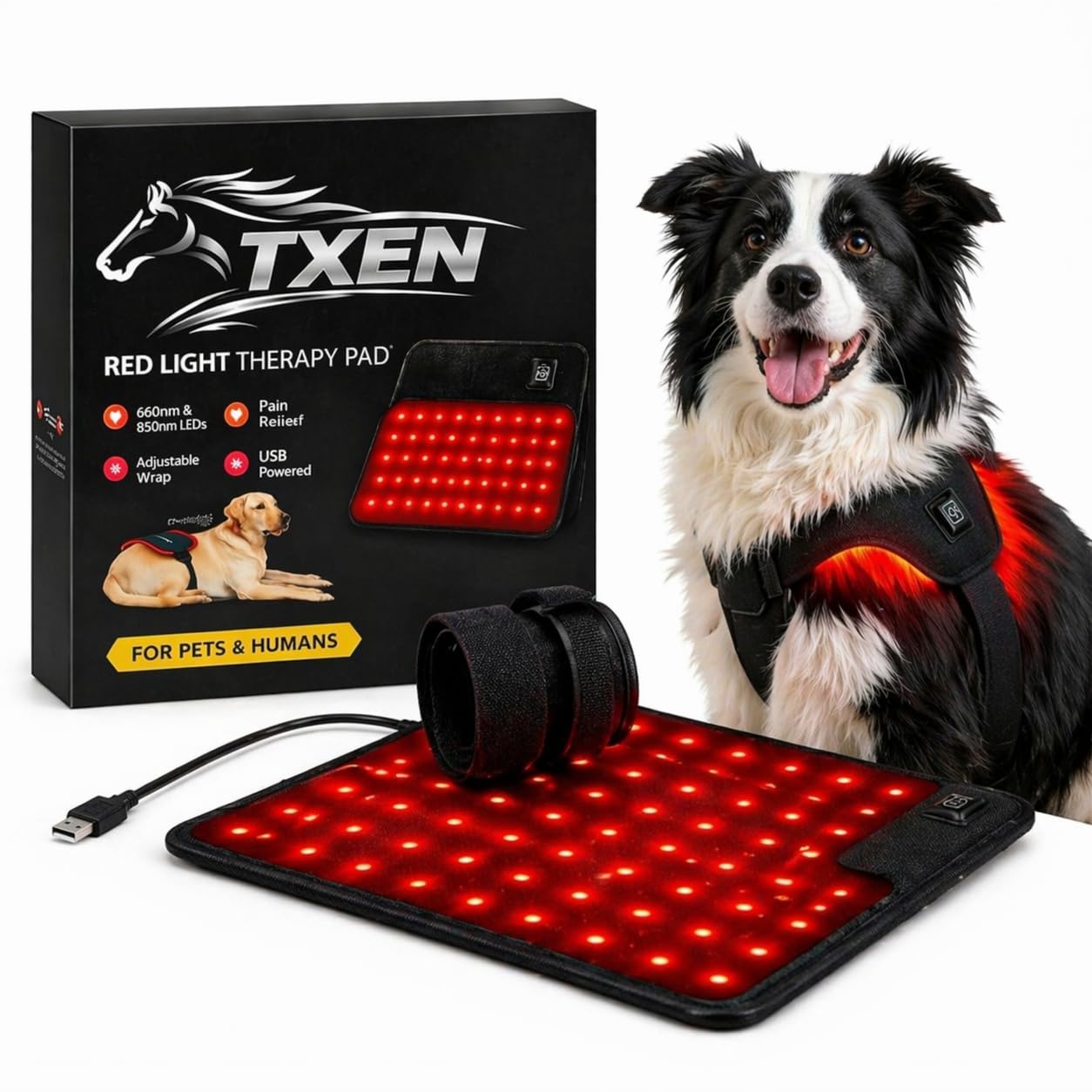 TXEN Pet Red Light Therapy Pad for Dogs, 60pcs LED Beads, 660nm & 850nm, Adjustable Wrap, USB Powered, Joint & Back Pain Relief