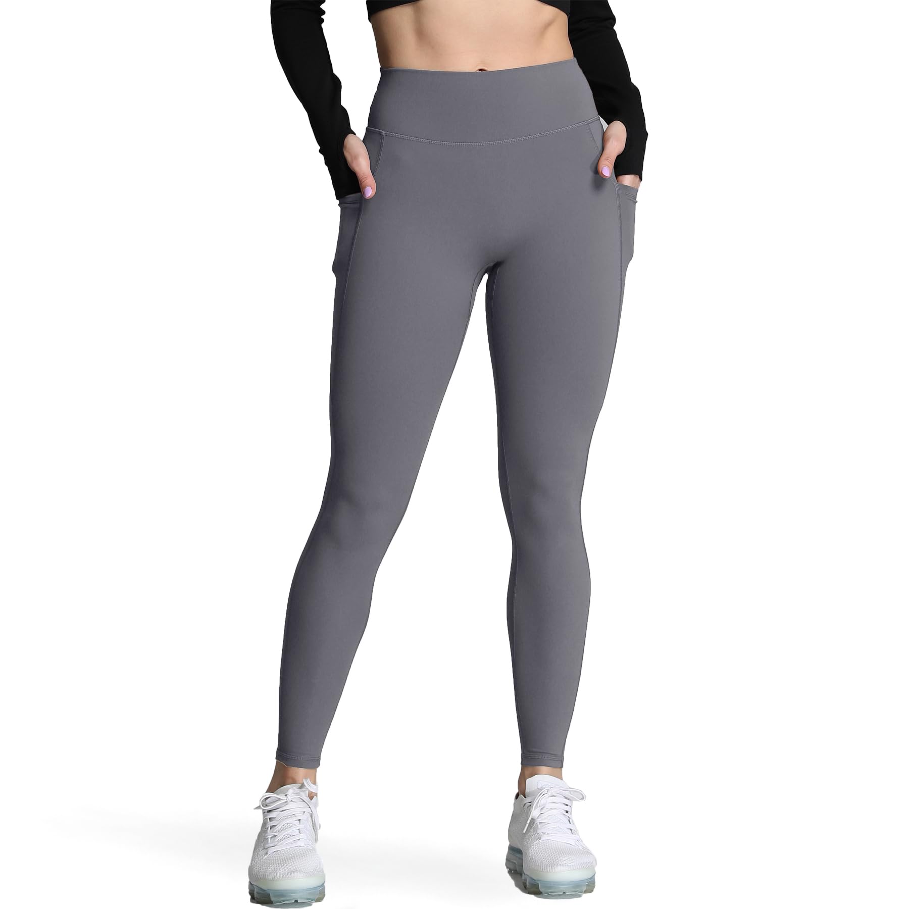 Aoxjox Trinity High Waisted Yoga Pants with Pockets for Women Tummy Control Cross-Waist Crossover Workout Leggings 27'', B Iron Grey (Regular Waistband), M