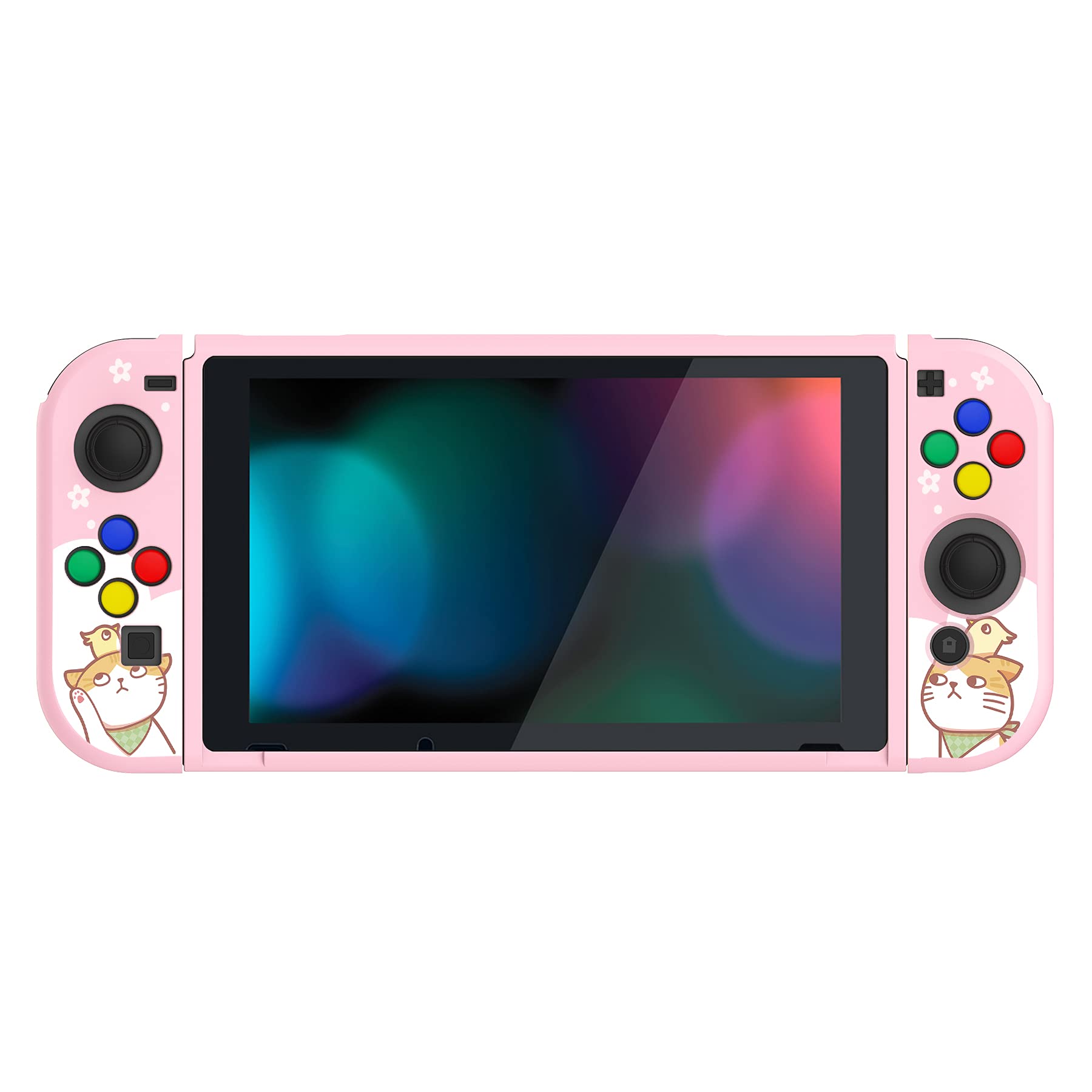PlayVital Schutzhülle für Nintendo Switch Konsole Joycon,weiche TPU Slim Case Hülle Griff Tasche Zubehör für mit bunten ABXY/Richtung-Knöpfe Kappen-Kätzchen & Küken - 5