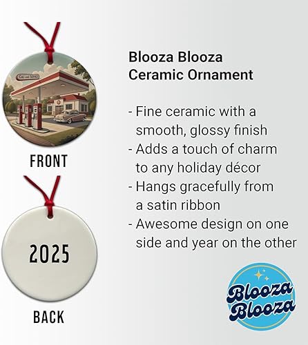 Miniatura 2 de Retro Americana 1950's Gas Station Convenience Store 2025 Round Ceramic Holiday Christmas Tree Ornament