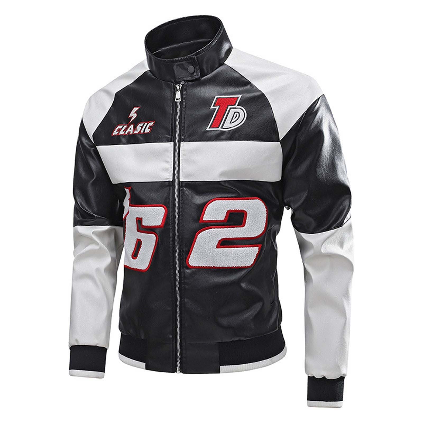 Generisch Giacca da motociclista da uomo, vintage, casual, hip hop, streetwear, alla moda, con tasca e bottoni, stampa con lettere, unisex, leggera e traspirante