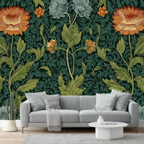 Fotomurales Flores, estilo William Morris Papel pintado tejido no tejido decoración Pared decorativos 400 x 280 cm Sala Cuarto Oficina Salón Decoración Casa Verde Naranja