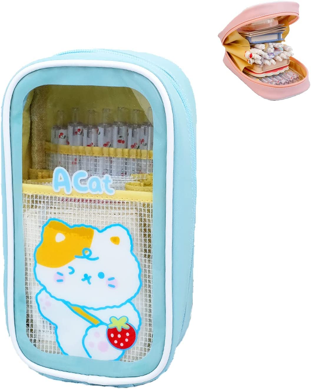 Ansair Girls Cat Kawaii Pencil Case, Cute Anime Kawaii Pencil Pouch, Large Capacity Transparent Student Pencil Case For Back To School (Color : )