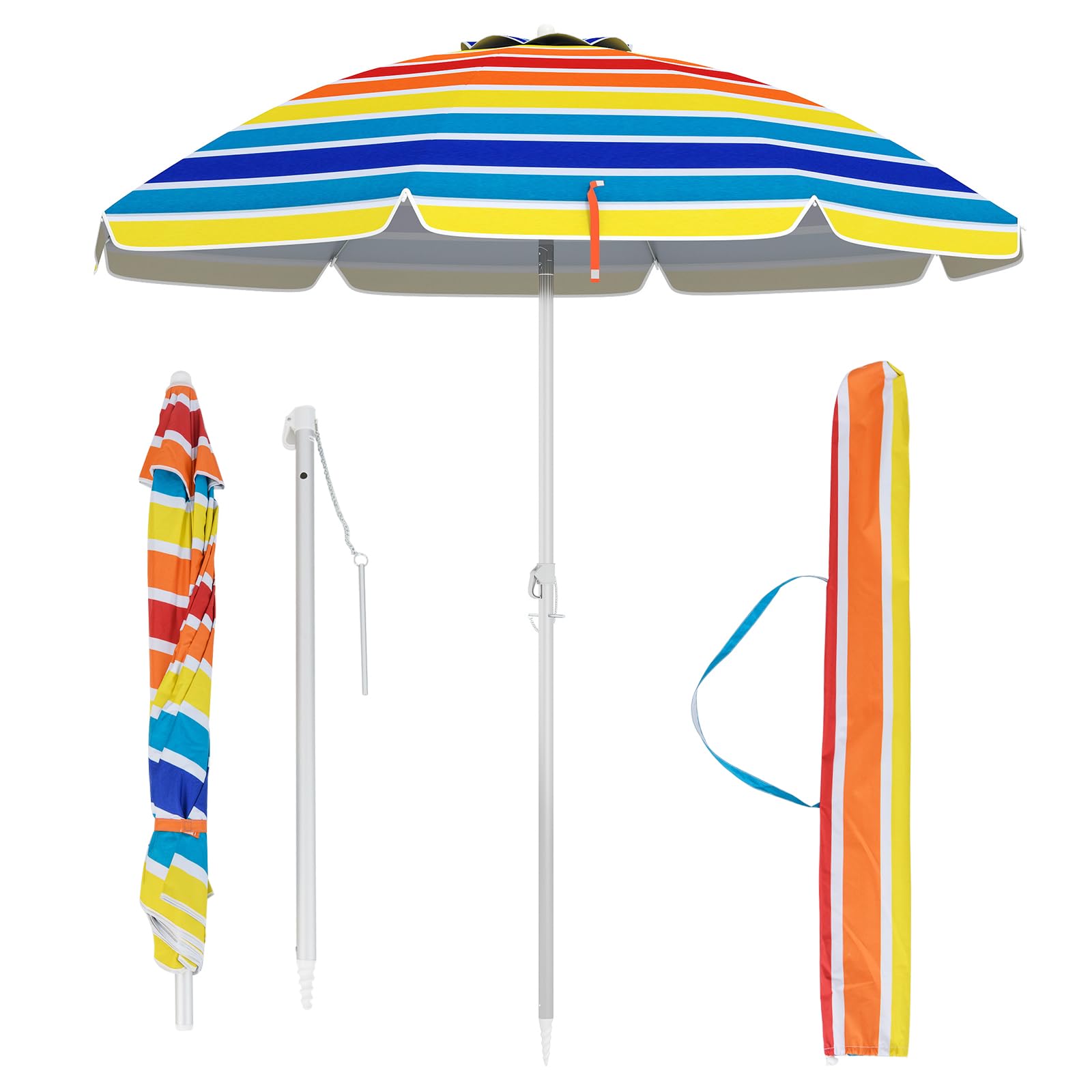 RELAX4LIFE Ombrellone da Spiaggia con 8 Stecche Stabili e Palo Alluminio Centrale Inclinabile, Protezione solare e impermeabile, Borsa di Trasporto Inclusi, 182 x 182 x 213 cm (Colorato)