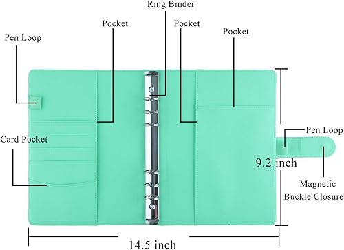 Vista 9 de Antner Carpeta A5 de piel sintética de 6 anillas, para papel de relleno A5, planificador personal A5, carpeta de presupuesto recargable con cierre