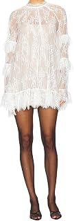 Baynoyia Women's Lace See-Through Mini Dress - Long Sleeve High Neck Loose Fit Sheer Floral Sexy Beach Cover Up