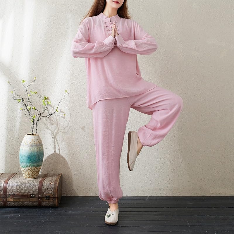 Women Cotton Linen Two Piece Set Loose Fit Shirt Wide Leg Pants Casual Outfit