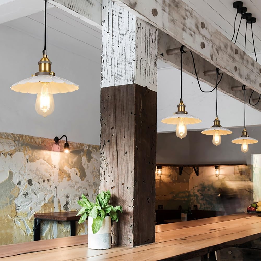 Pendelleuchte Industriell Rund Geriffelt, Hängelampe Verstellbares Kabel Retro Welle Eisen Kronleuchter für Schlafzimmer Esszimmer Café Bar(White,25cm/9.84in)