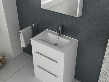 VeeBath Venus 600 Vanity Unit, Wash Basin Bathroom Sink, Soft Close Drawer and Flap, Cloakroom Wall Mounted Storage Cabinet- White,Slim Edge (Flat Pack)