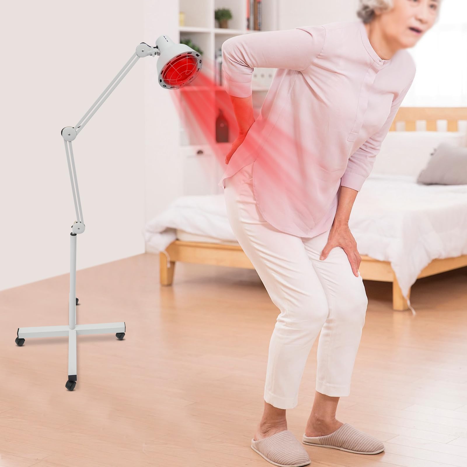 Lámpara de infrarrojos flexible con base y 4 ruedas universales, 275 W, luz infrarroja para terapia térmica, para dolores en los músculos de la espalda