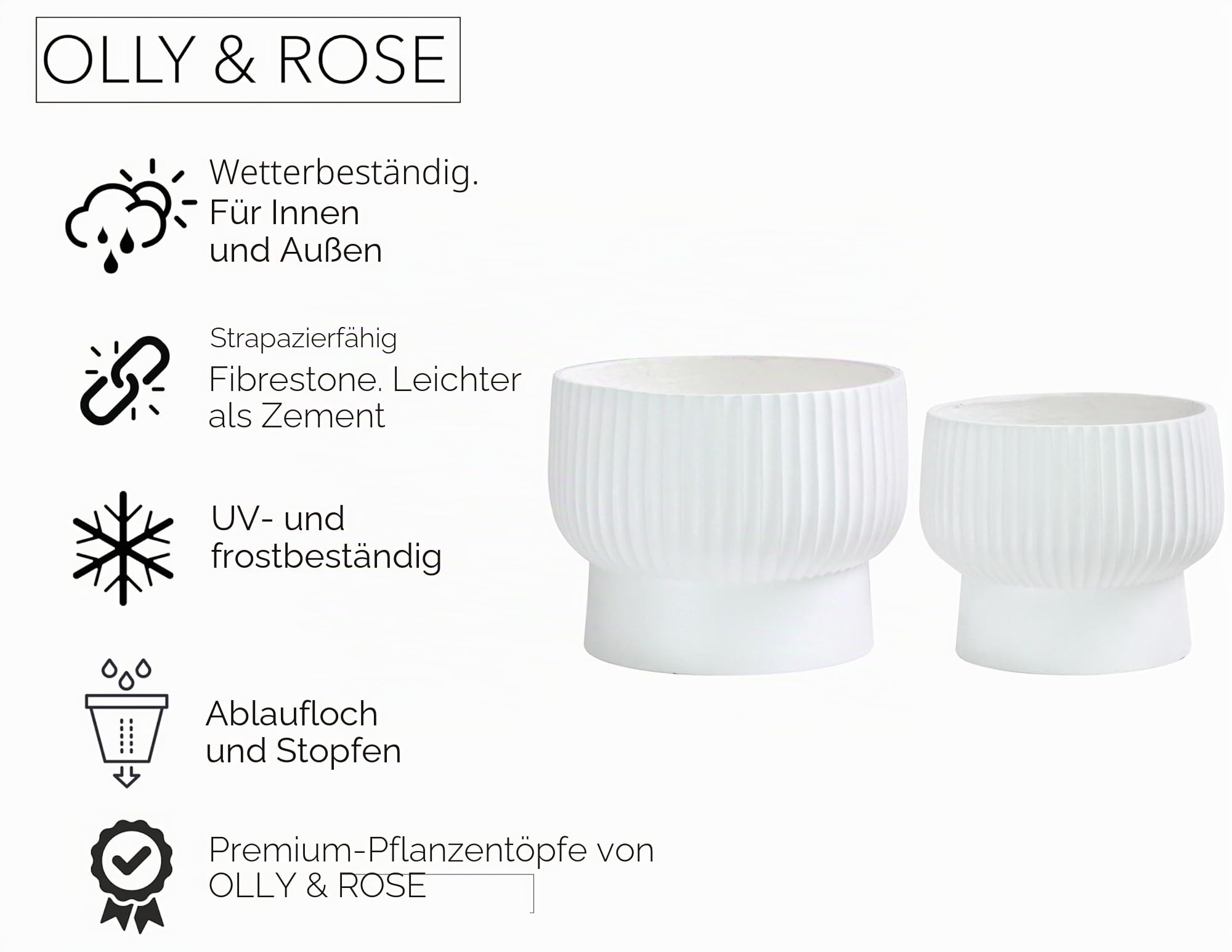 Olly & Rose XL Fibrestone Pflanzgefäß Erhöhtes Schüssel-Set 2 35cm +30cm - Extra großes Pflanzgefäß - Garten Pflanzgefäße in Weiß - Pflanzkübel für drinnen und draußen