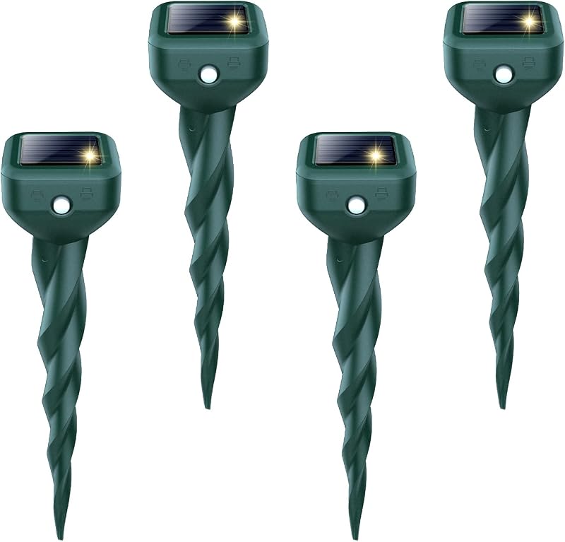 Repelente de topos con energía solar, paquete de 4 repelentes de serpientes y zorrillos para patio, estacas disuasorias ultrasónicas impermeables IP 65, deshazte de conejos, tuzas, campañoles, ardillas listadas, ciervos y marmotas para jardín de césped